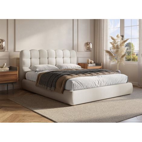Lit coffre en tissu bouclette beige 180x200 cm BISCUIT