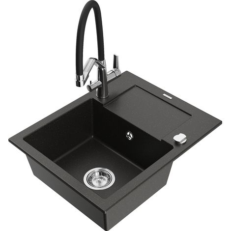 Mexen Enzo lavello da cucina in granito 1 vasca con gocciolatoio e miscelatore Duo, nero/oro metallico - 6506-75-671701-07 (1/5)