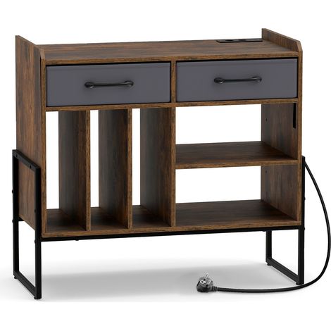 Soporte para discos de vinilo con tomas de corriente y USB, color marrón, estilo retro.