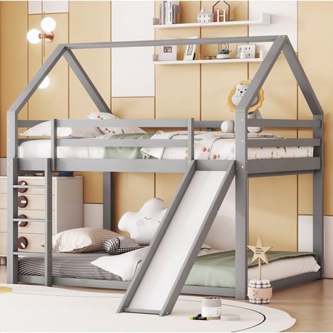 Litera infantil 140x200 cm de madera gris con tobogán, ahorra espacio, sin colchón (1/5)