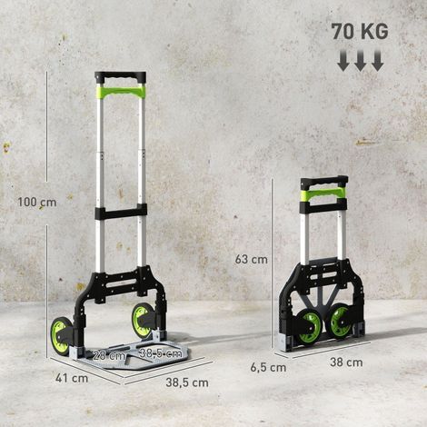 Diable Pliable avec Poignée Réglable, Roues Pivotantes, Gris et Vert, Capacité 70 Kg (1/4)
