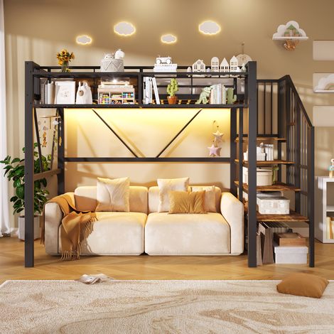 Lit mezzanine enfant Métal 90x200 cm avec LED,escalier étagère ,panneaux grillagés et panier espace ouvert sous lit MDF Noir (1/5)