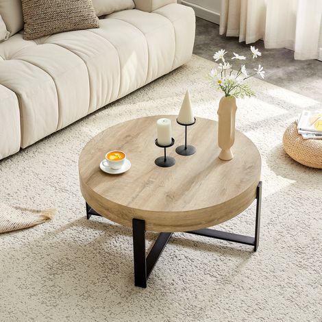 Table basse ronde Ø68cm style industriel,plateau MDF bois naturel,cadre croix métal noir. Compatible style wabi-sabi.
