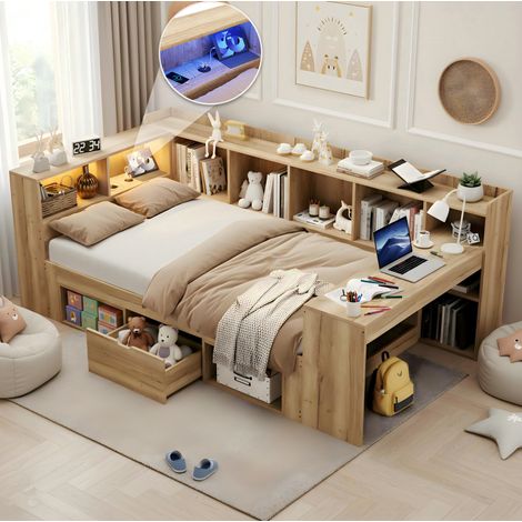 Kinderbett aus MDF Natur 90x200 / 140x200 cm mit Lattenrost, LED, USB-C und Schreibtisch