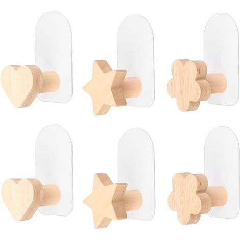 6er-Set selbstklebende Wandhaken aus Holz für Kinder – kein Bohren erforderlich – für Jacken, Hüte, Schals, Taschen (1/4)