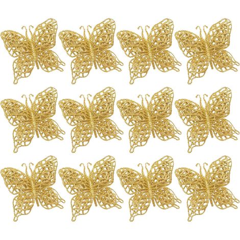 24pcs Ornements Sapin de Noël,paillettes papillon décorations d'arbre de noël décoration (Doré) (1/5)