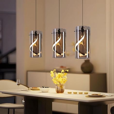 GBLY Lampada Suspension LED Tavolo Pranzo Vintage Vetro 3 Lampade 23W Grigio Fumo Regolabile Altezza 3000K Cucina Soggiorno (1/5)