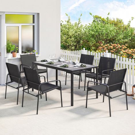 Salon de Jardin Extérieur pour 6 Personnes, Table de Patio Effet Bois et Chaises avec Assise en Maille Respirante, Cadre en Acier Galvanisé, Noir (1/5)