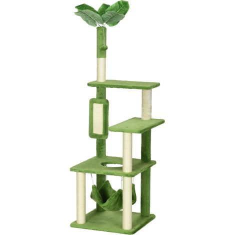 PawHut Tiragraffi per Gatti con Amaca, Pallina e Pali in Sisal Alto 142cm Verde (1/5)
