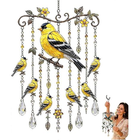 Carillon éolien colibri, carillon d'extérieur, carillon à thème oiseau de 40 cm avec cristaux, décoration de jardin, carillon en métal coloré (1/5)
