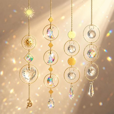 Juego de 4 atrapasoles de cristal colgantes con diseños de sol, luna, estrella y corazón. Atrapasueños de cristal para ventanas, dormitorios, jardines, decoraciones de arcoíris, regalo para mujeres, N (1/5)