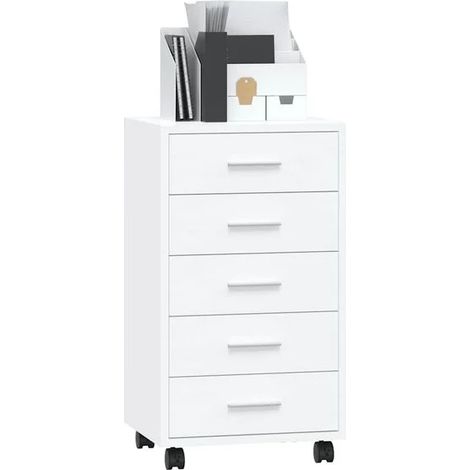 Commode à Roulettes en Bois d'Ingénierie Blanc Brillant - Meuble de Rangement avec Tiroirs pour Salon, Chambre ou Bureau (1/5)