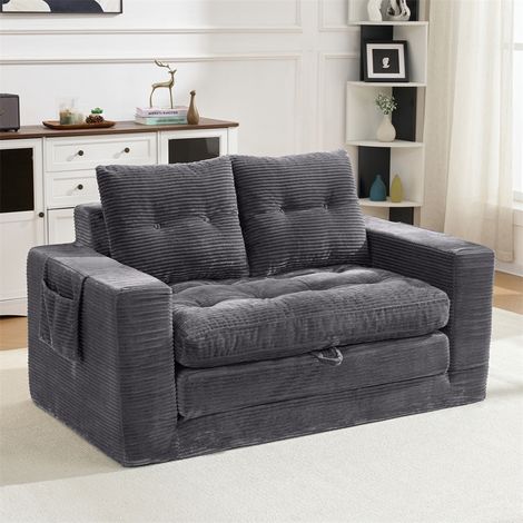 Canapé 2 Places Convertible - 140x85x67cm - Lit Banquette Velours Côtelé Confortable Modulable Salon Poche - Gris Foncé (1/5)
