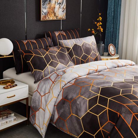 Sets Housse de Couette 220x240 cm avec 2 x Taies d'oreiller 50x70 cm,Mode Unique 3D Géométrique Imprimé Boho Microfibre Literie Parure de Lit Linge de Lit avec Fermeture Éclair pour 2 Personnes,Gris (1/5)
