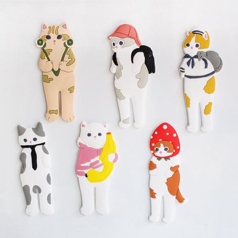 Lot de 6 crochets magnétiques en forme de chat, sans soudure, pour frigo, sticker adhésif pour tableau blanc, décoration de bureau, motif aléatoire, porte-clés (1/5)