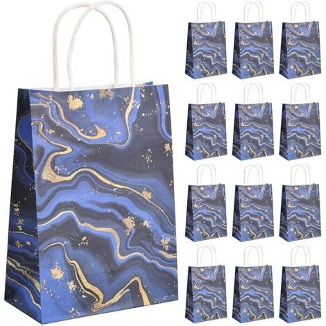 12PCS Pochettes Cadeau Papier, Sacs Cadeaux avec Poignées, Sac de Fête en Papier, Sacs de Bonbons, Pochettes Cadeaux Marbrure pour Anniversaire Mariage Fête Cadeau Emballage (Bleu)
