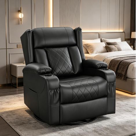 Relaxsessel mit Liegefunktion, Fußstütze und 360°-Drehfunktion aus schwarzem PU-Leder OKWISH (1/5)