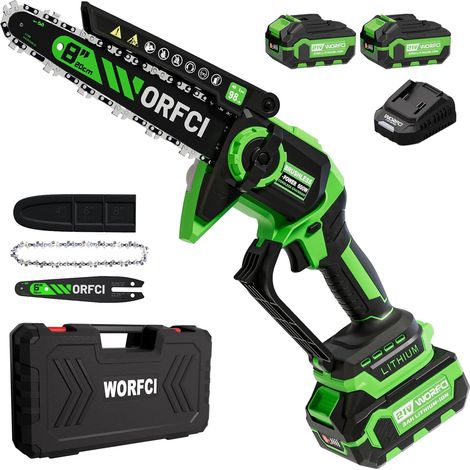 8 Pouces Mini Tronçonneuse Sans Balai Sans Fil, 2×3000mAh Batteries, Lubrification Automatique, Outil Jardinage Idéal pour Élagage Bois et Arbres (1/5)