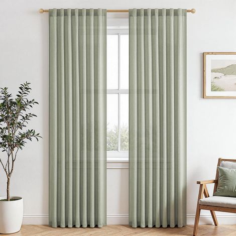 Rideau Voilage Vert Sauge en Lin Translucide Rideaux Voilages et Draperies Intérieurs Passe Tringle Élégant et Beau pour Salon Chambre Salle à Manger Baie Vitrée, 140x225 CM, Lot de 2 (1/5)