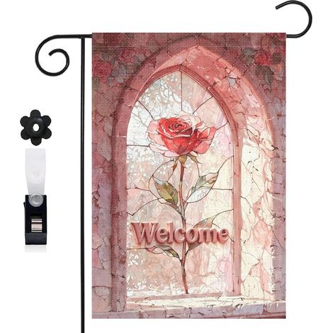 Bannière de cour Welcome et rose rouge en vitrail 30 x 45 cm décoration porche et maison (1/5)