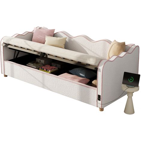 Lit de repos 90/200 cm beige en tissu bouclette avec rangement hydraulique et dossier (1/5)