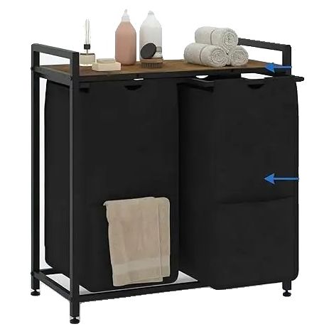 Cesto portabiancheria, sacchi in tessuto resistente, robusto piano in legno, 2 scomparti BK (1/2)