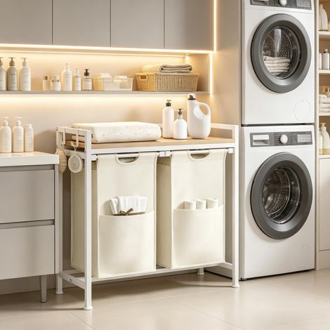 Tri de linge 2 bacs 40L avec plan de travail 15 kg, 2 crochets, pour buanderie, salle de bain, chambre & dressing (1/5)