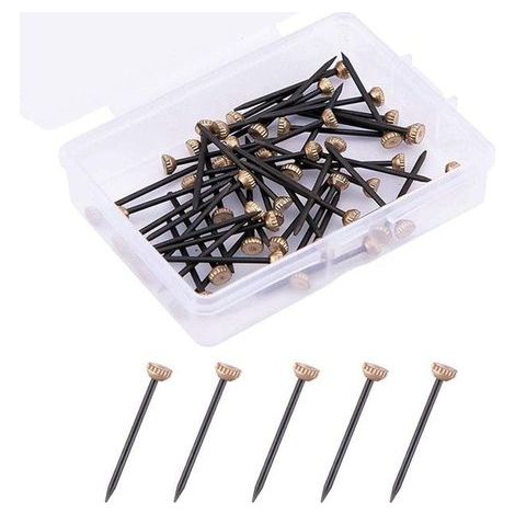 (Black + Gold) Pack of 50 hanging nails with plastic storage box, brass-headed pins, heavy-duty drywall hooks (1/4)