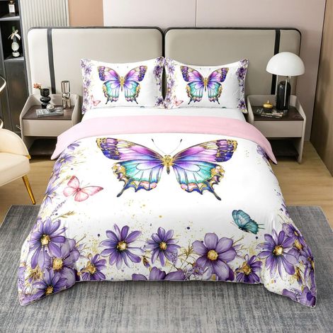 Parure de lit 100 % coton avec housse de couette de 155 x 220 cm et 1 taie d'oreiller, motif papillon violet et fleurs, style cottage floral, ferme, pour chambre à coucher (1/5)