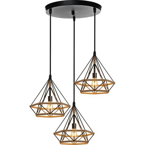 Luminaire Suspension Design Industriel 3 Lumières Diamant Chanvre Corde Vintage Lustre Abat Jour Cage en Métal Rétro Plafonnier pour cuisine 100 2 cm (1/4)