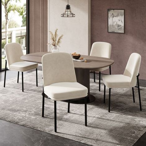 Lot de Chaises 4 chaises chaise en velours beige assise rembourrée épaisse piètement en métal cadre noir style moderne minimaliste (1/5)