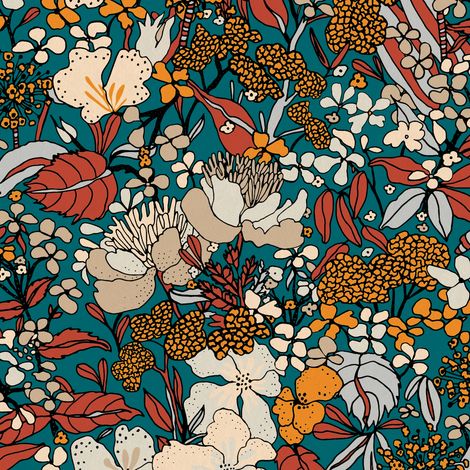 Papier peint fleuri rétro orange & bleu Tapisserie fleurie originale pour chambre adulte Papiers peints intissés motif floral salon (1/4)