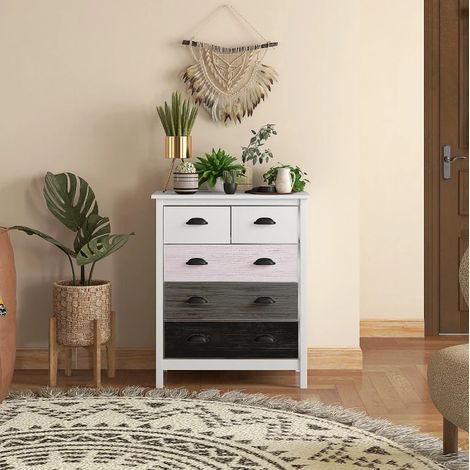 Meuble rangement 5 tiroirs blanc 70x38x85 cm MDF solide OKMYHOME (1/5)