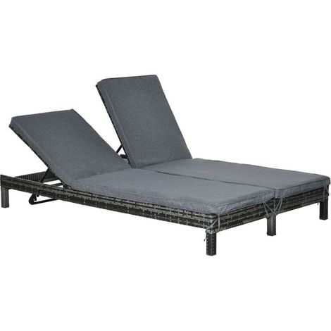 Chaise longue - Transat 2 places - Dossiers 5 positions - Structure métal - Rotin PE gris