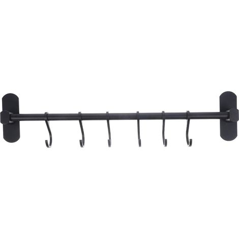 Support Mural Noir en Alliage D'aluminium pour Ustensiles Cuisine 40 Cm 6 Crochets Amovibles Design Bords Lisses Charge Forte sans Perçage pour Rangement la Cuisine (1/5)