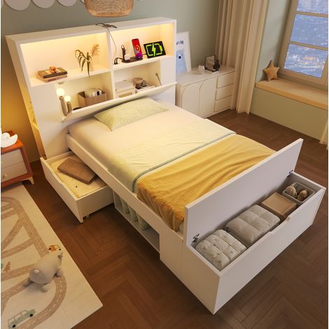 Letto in legno bianco 90x200 cm con contenitore, LED, porte USB, cassetti, panca e rete a doghe inclusa (1/5)