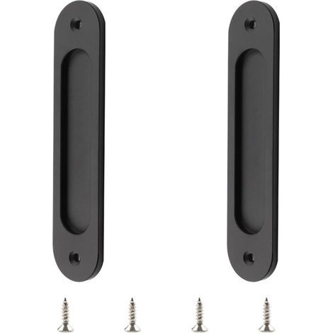 Lot de 2 poignées ovales encastrées pour porte coulissante - Noir mat - En alliage d'aluminium - Pour porte de grange coulissante (1/4)
