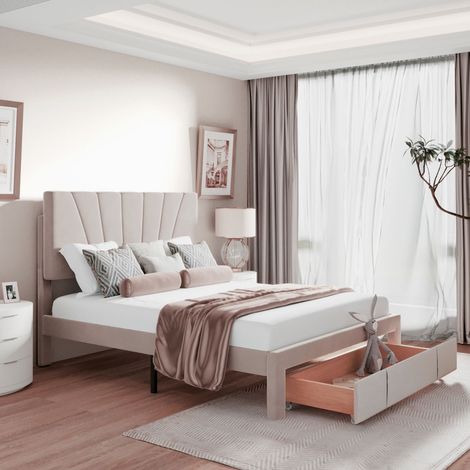 lit adulte 140x200 avec 2 tiroirs,lit 140x200 avec rangement,lit jeunes,velours,beige (1/5)