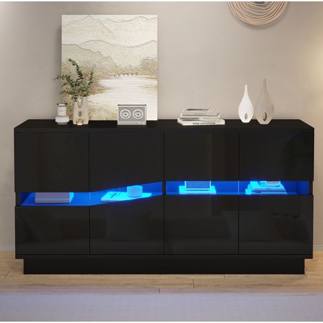 Credenza 140x35x70 cm nera in truciolare con LED Bluetooth - MEUBLIV (1/5)