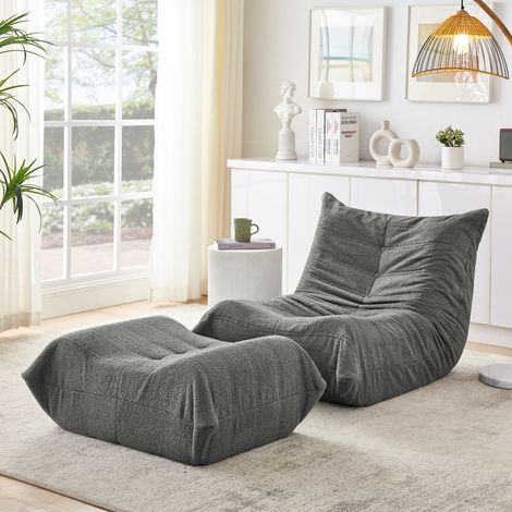 Canapé lounge de sol 1 place avec repose-pieds, tissu bouclette gris, mousse haute résilience, dossier haut, sans montage, livré compressé (1/5)