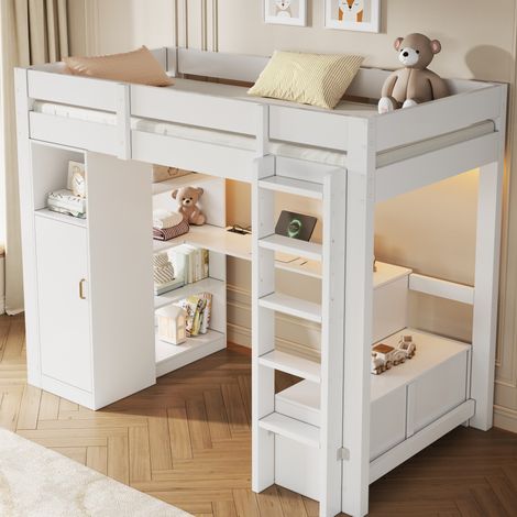 Cama alta 205x105x175 cm, con escritorio, armario, 2 cajones, estantes, LED y USB, madera maciza y MDF blanco (1/5)