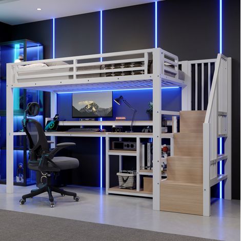 Letto a soppalco 90x200 cm bianco in metallo e MDF con scala contenitore, LED e porte USB-C (1/5)