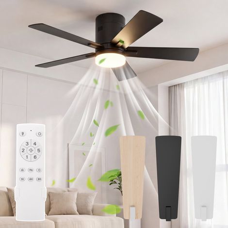 Ventilateur de Plafond 5 Pales avec Lumière LED moderne - 6 Vitesses - Moteur DC silencieux - Télécommande - Minuteur -Noir 106,6 cm