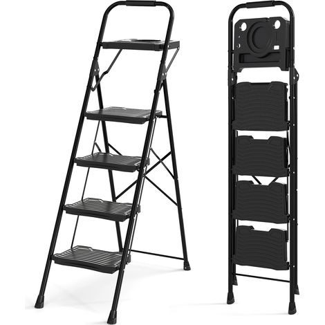COSTWAY 4 Step Ladder Heavy-Duty Metal Step Stool with Tool Tray-Black (1/5)