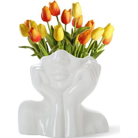 BelleRise - Vase en céramique blanche en forme de visage, buste féminin à mi-corps,style bohème,féministe et minimaliste,vase décoratif moderne (1/5)