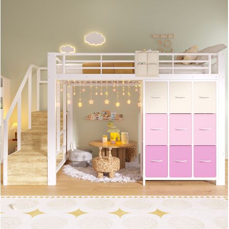 Lit mezzanine 140x200 cm avec tiroirs, penderie et escalier avec rangement en métal blanc, sans matelas (1/5)