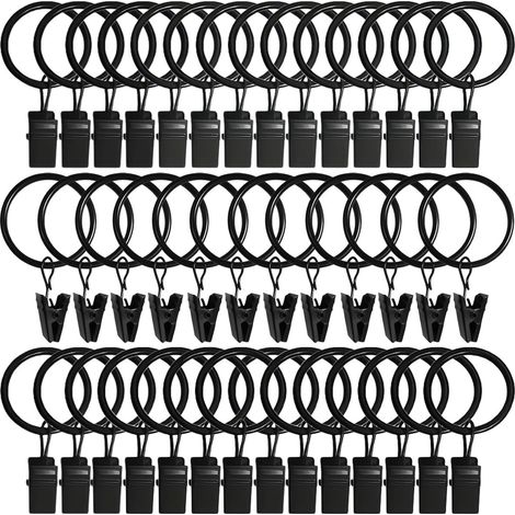 Anneaux à rideaux lot de 40 en métal noir avec clips résistants à la rouille pour tringles à rideaux (1/5)
