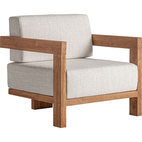 Fauteuil colonial en bois et tissu beige - marron et beige (1/5)