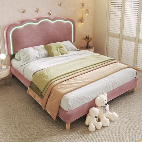 Polsterbett 140/200 cm rosa aus Samt mit LED-Kopfteil und verstellbarer Höhe (1/5)