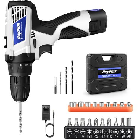 Perceuse Visseuse Sans Fil 12V, Perceuse Électrique à Percussion, Couple 18+1, 45Nm, Mandrin 3/8", 2 Vitesses, Lumière LED, Visseuse Devisseuse Pour Ciment, Béton, Plafond, Brique, Mur, Blanc
